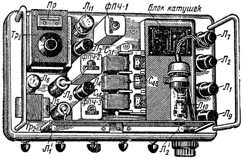 Расположение ламп и деталей на шасси радиоприемника 'ТПС-54'