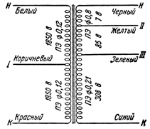 Схема и данные обмоток выходного трансформатора приемника 'Ленинград'