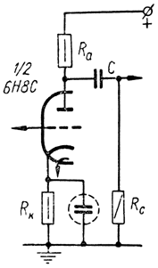 Схема применения лампы 6Н8С в качестве усилителя напряжения низкой частоты
