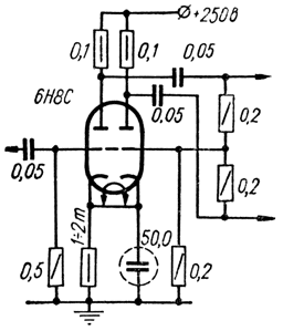 Схема применения лампы 6Н8С в качестве фазоинвертора
